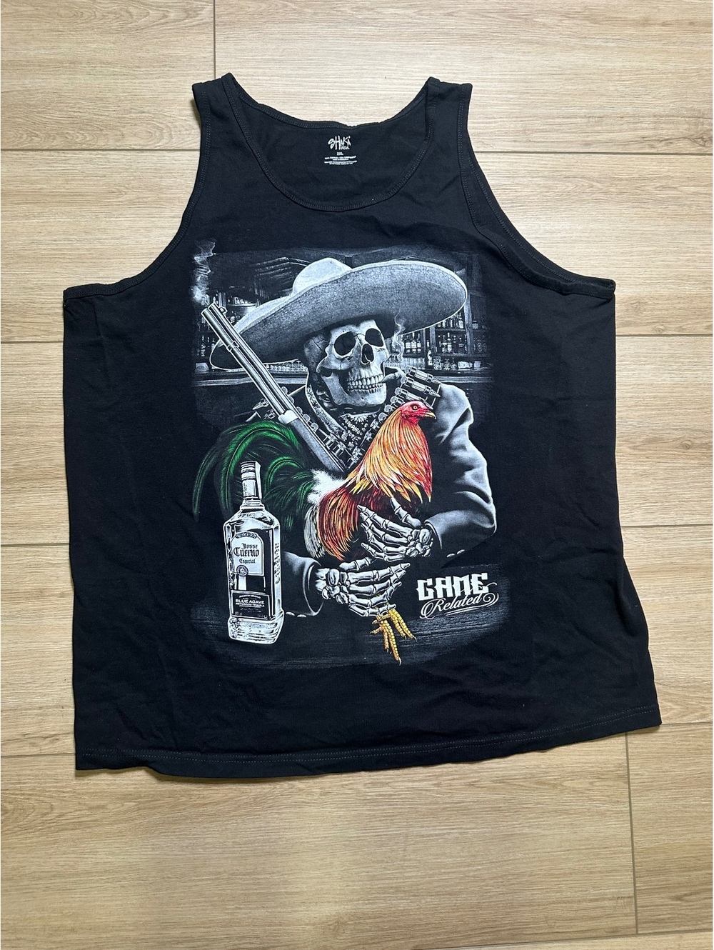Shaka Wear Black Graphic Tank Top with Skeleton and Rooster Print, Size 2XL